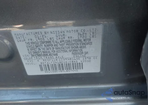 2021 Nissan Versa Sv Xtronic Cvt from USA, damaged, VIN 3N1CN8EV8ML857440